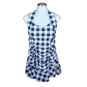 Torrid Retro Wireless Swim Dress 1X Halter Neck Preppy Pinup Navy Blue Gingham